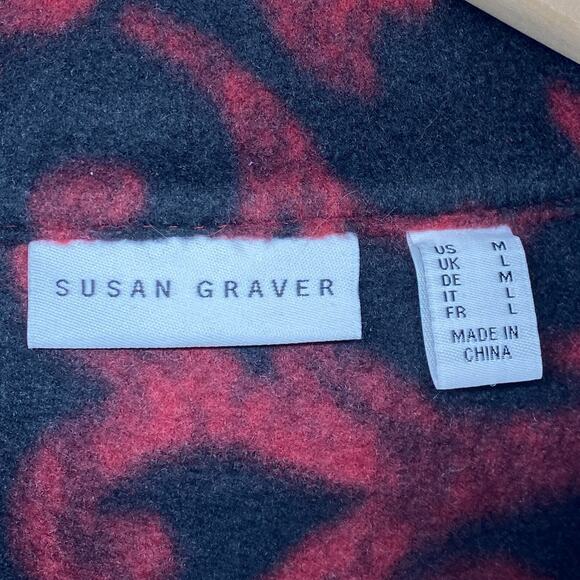 SUSAN GRAVER Jacket M Baroque Floral Fleece Blazer Button Front Red Black - Picture 4 of 14